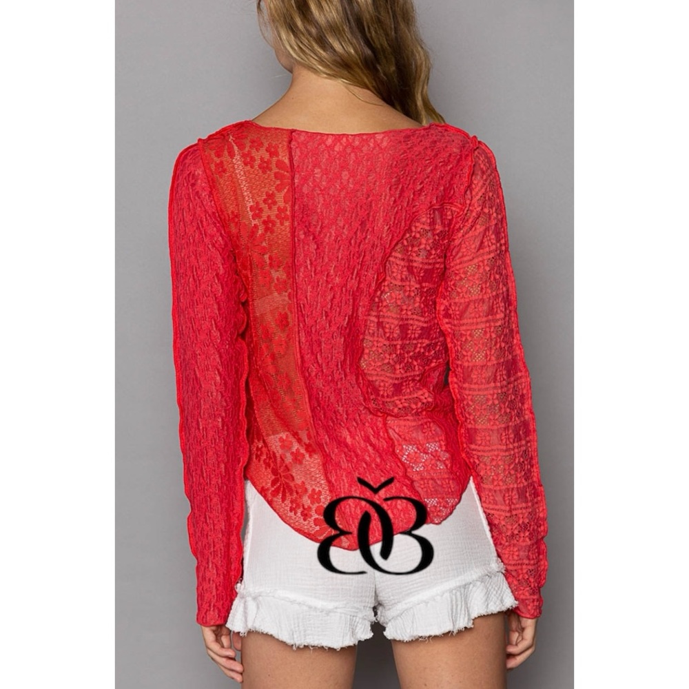POL Red Lace Boat Neck Long Sleeve Top - Picture 4 of 7